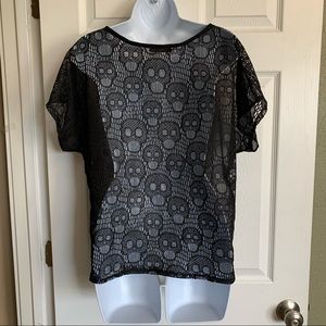 New Black Sheer Zip Skull Top Medium Goth Punk